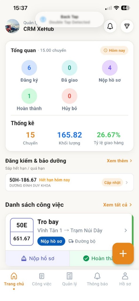 Màn hình Tổng quan CRM XeHub – thống kê chuyến và danh sách công việc